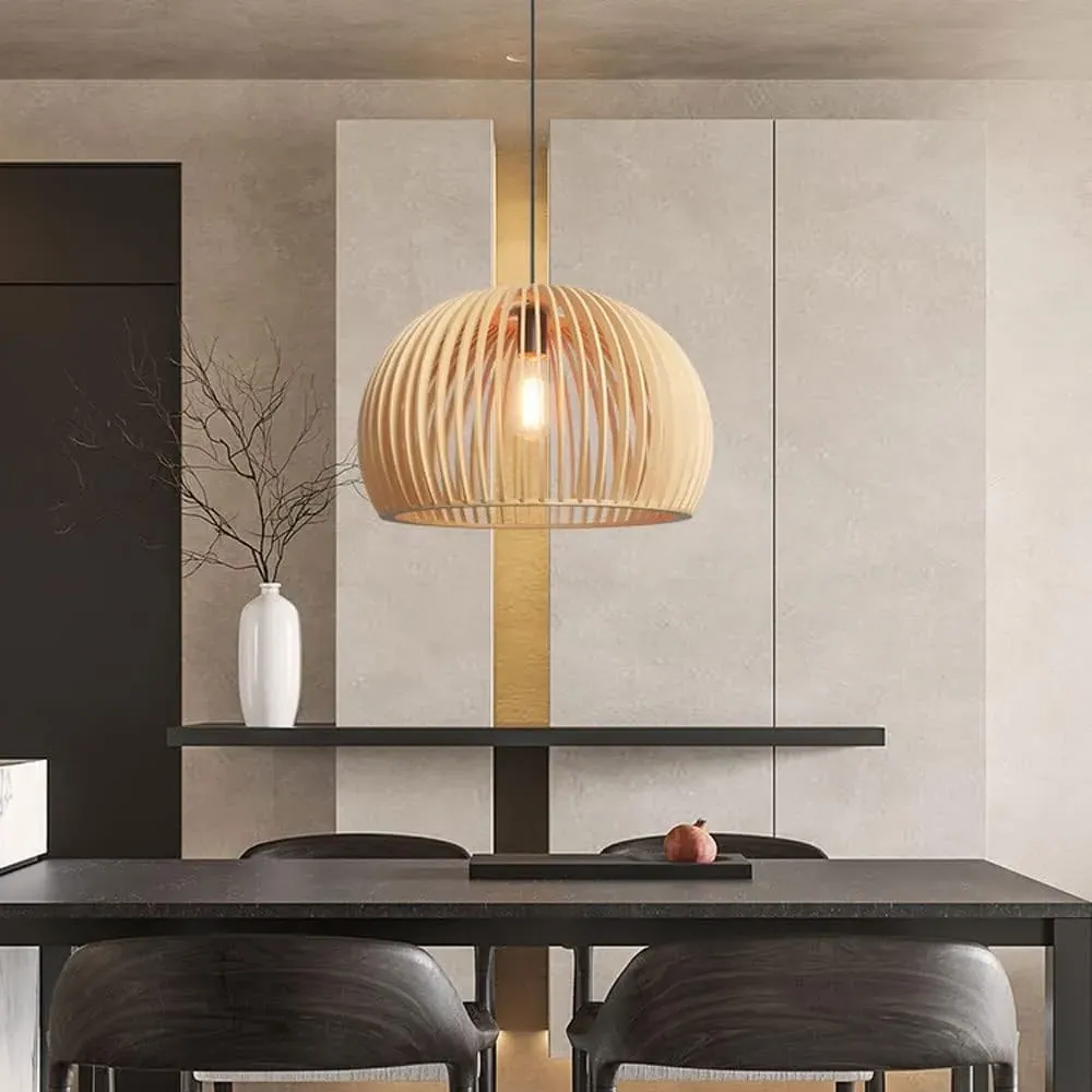 Pumpkin Pendant Light with E27 LED - Natural Wood