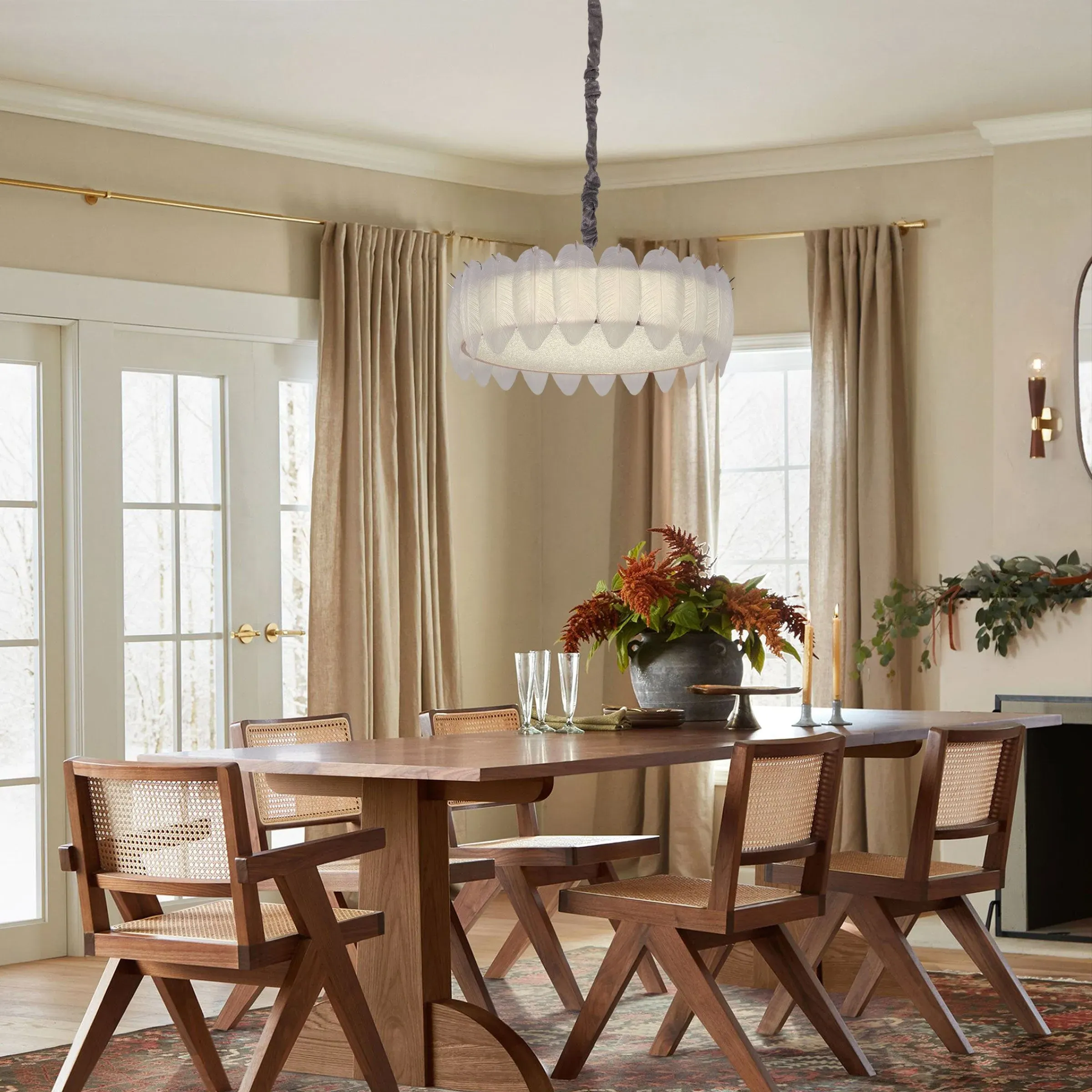 Round Chandelier with Feather Design - Gold, Glass