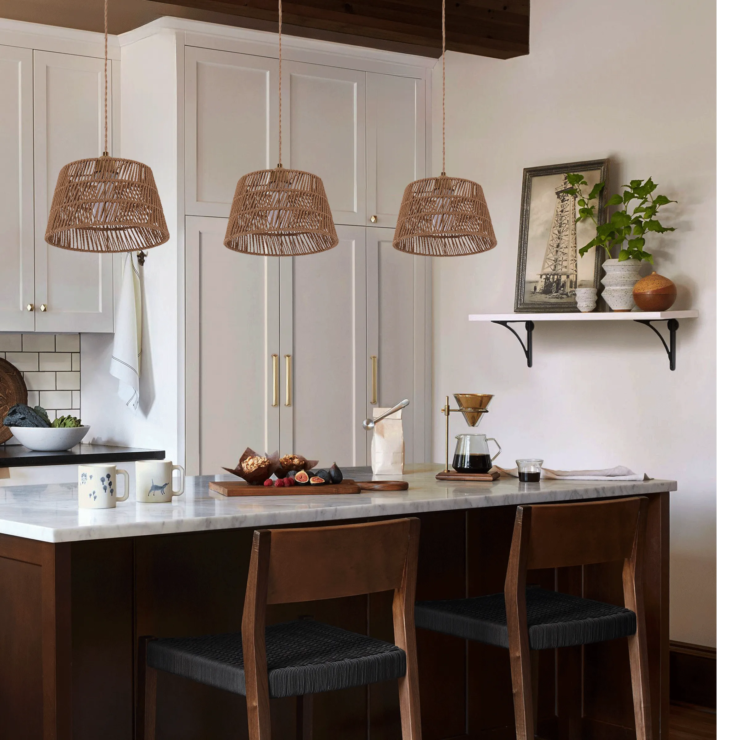 Round Pendant Light Handcrafted - Brown, Paper Rope