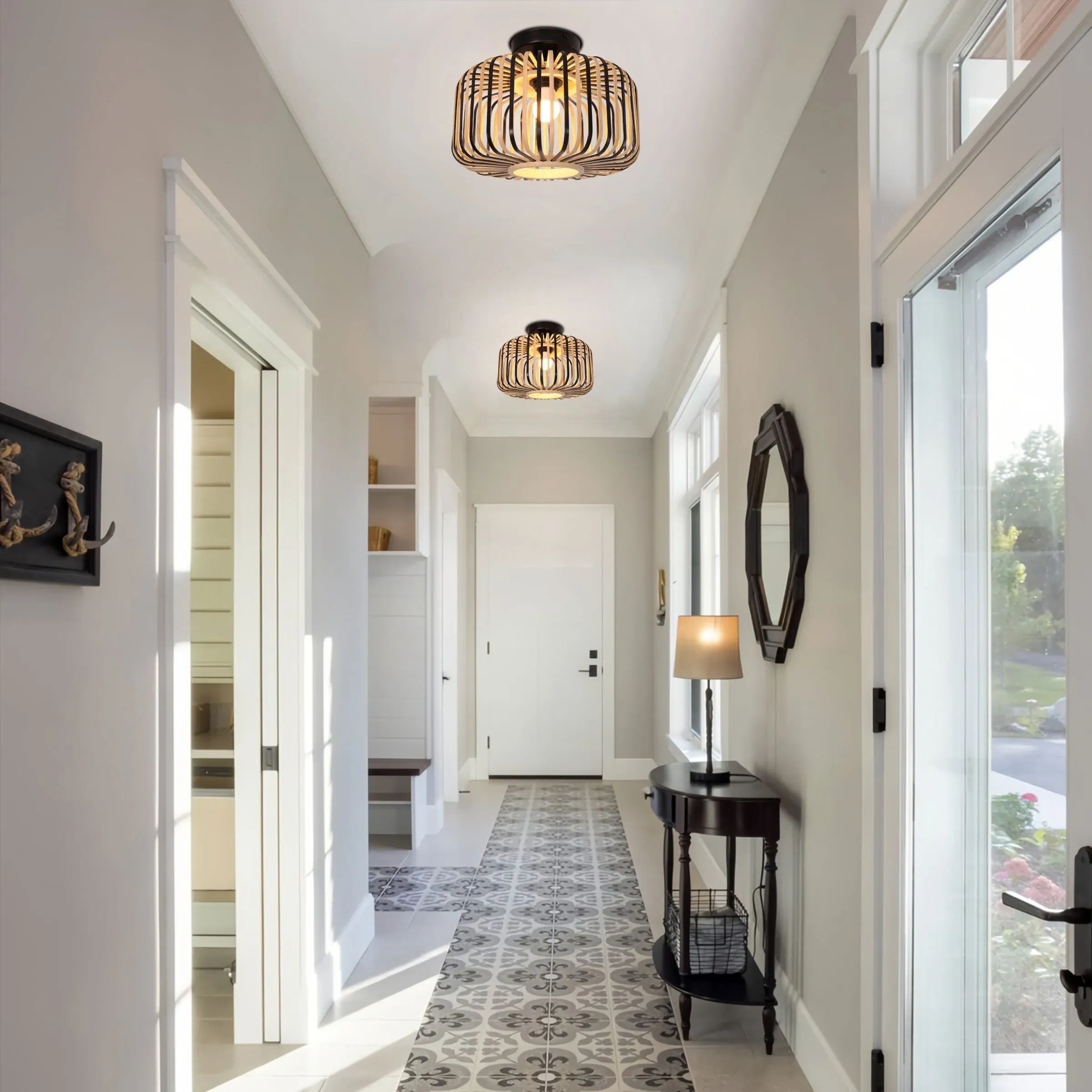 Round Pendant Light Handwoven - Black, Bamboo