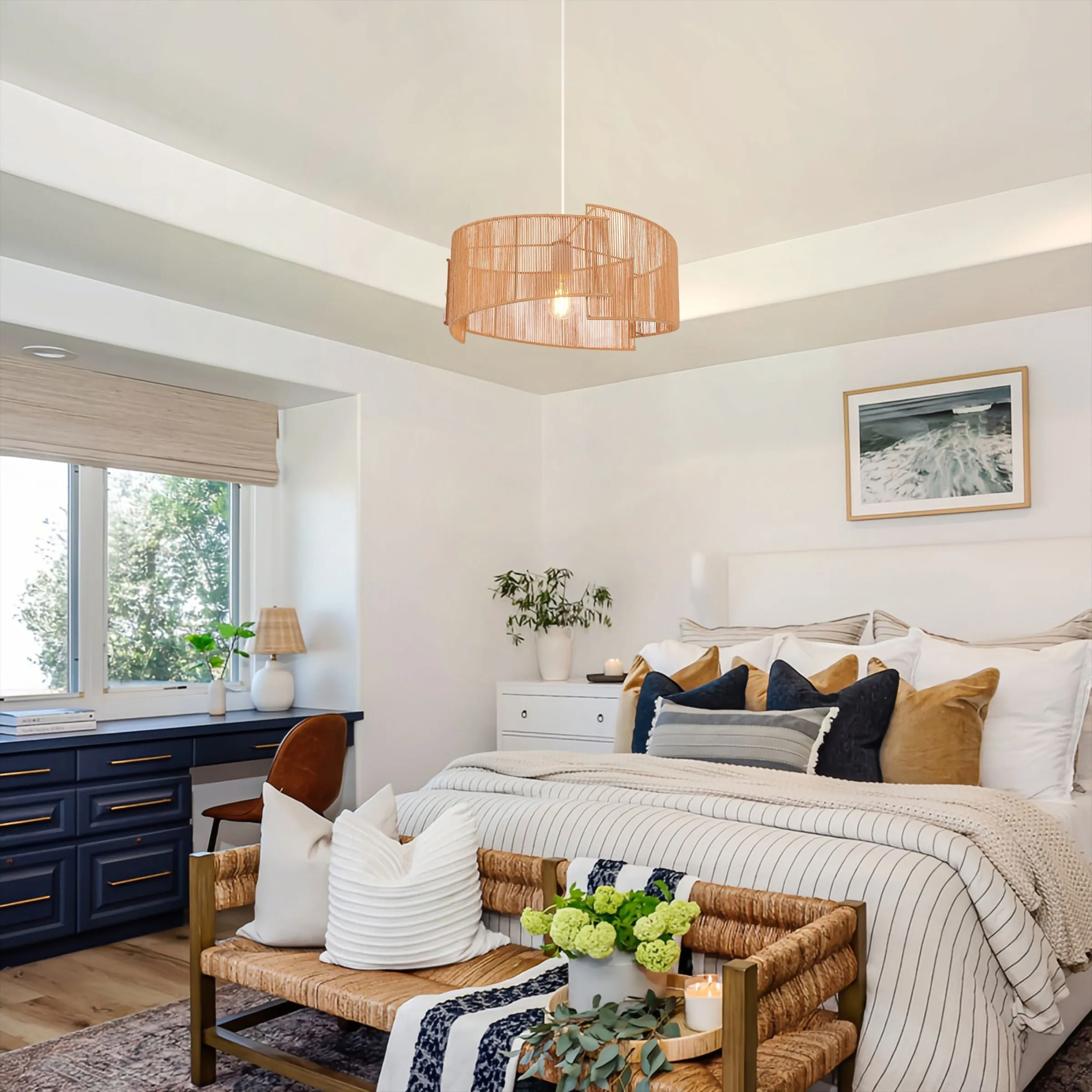 Round Pendant Light Handwoven - Khaki, Paper Rope