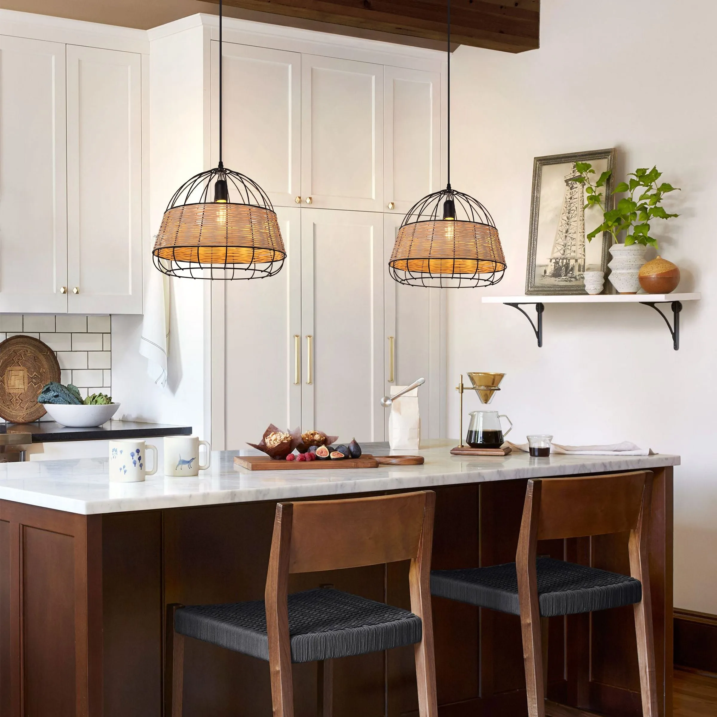 Round Pendant Light - Natural, Iron Rattan