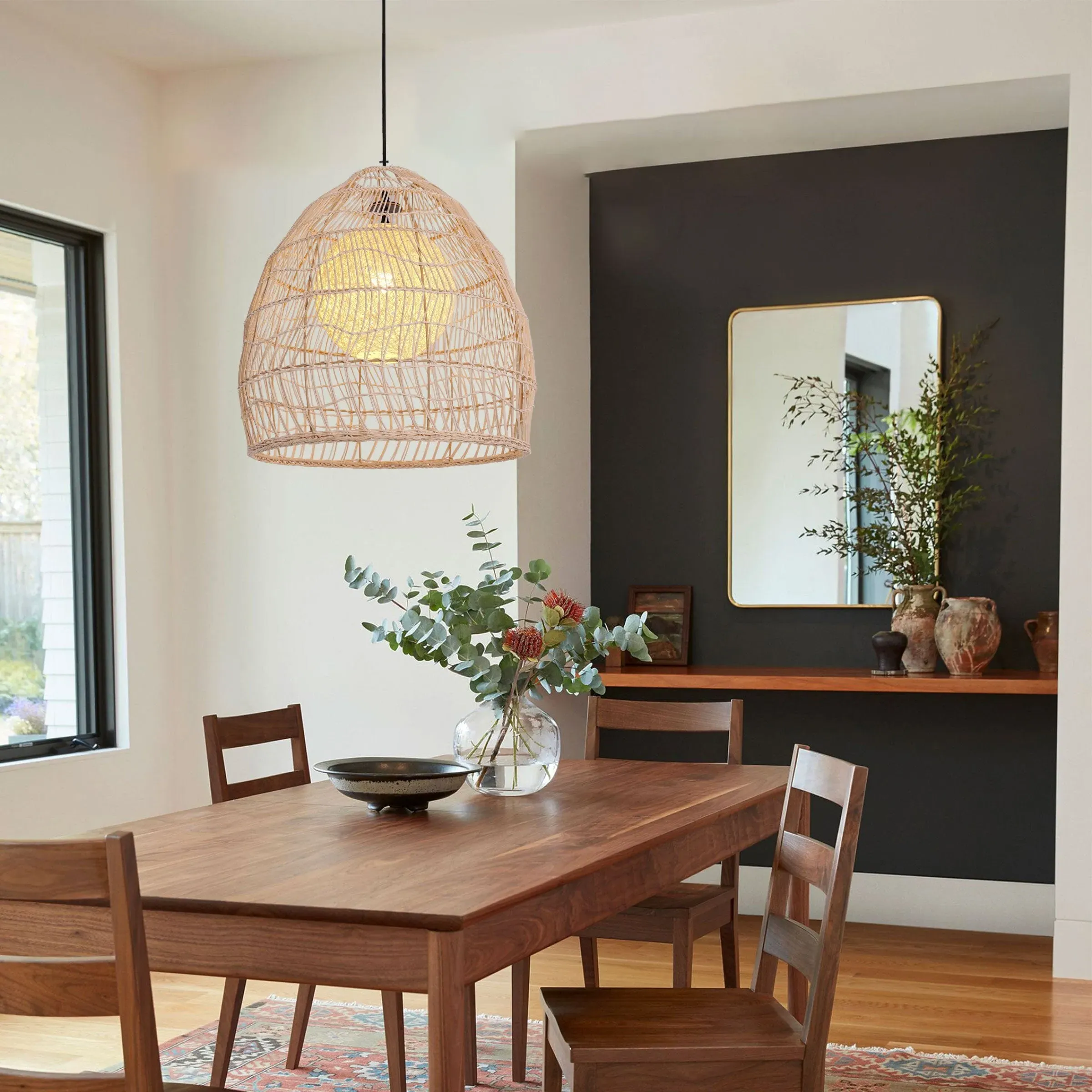 Round Pendant Light with Adjustable Cord - Brown, Rattan