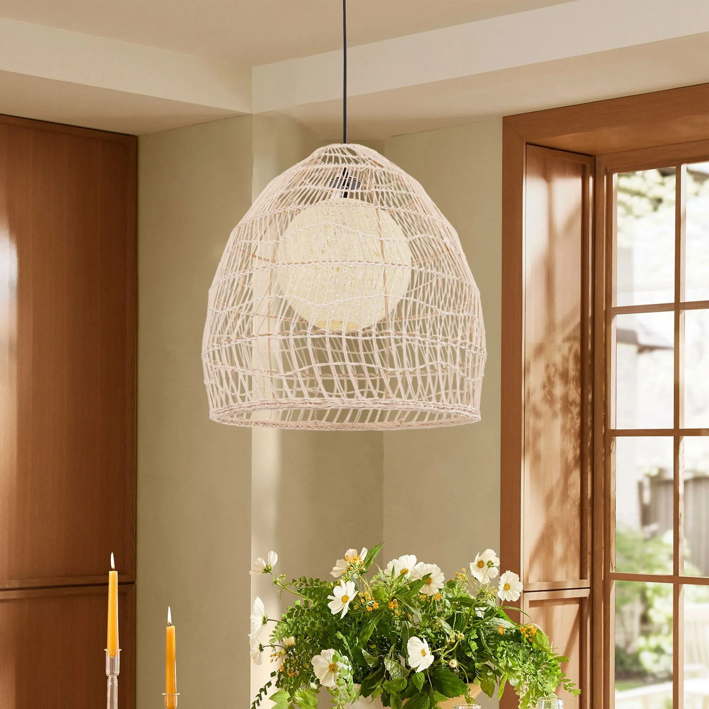 Round Pendant Light with Adjustable Cord - Brown, Rattan