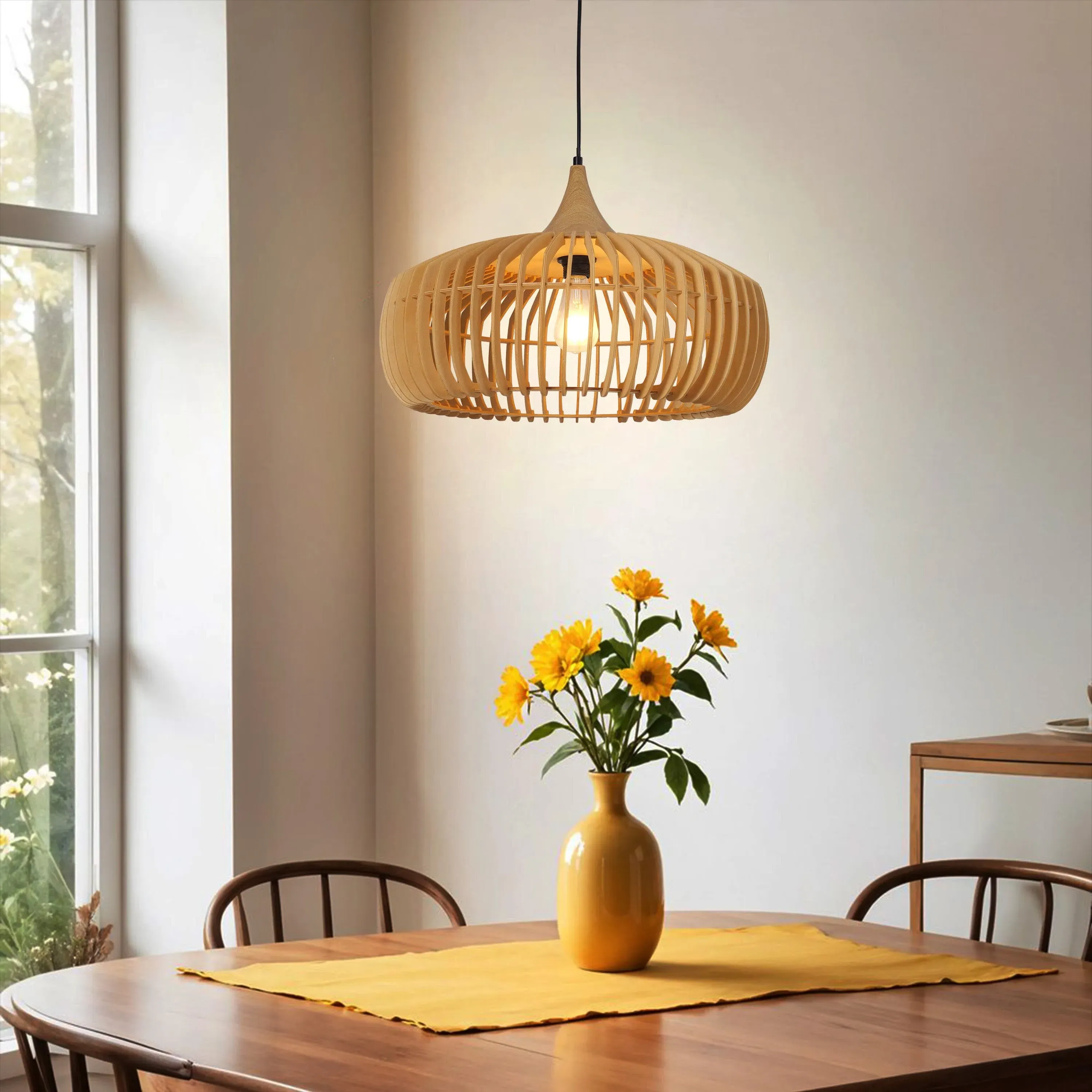 Round Pendant Light with Adjustable Cord - Wood image