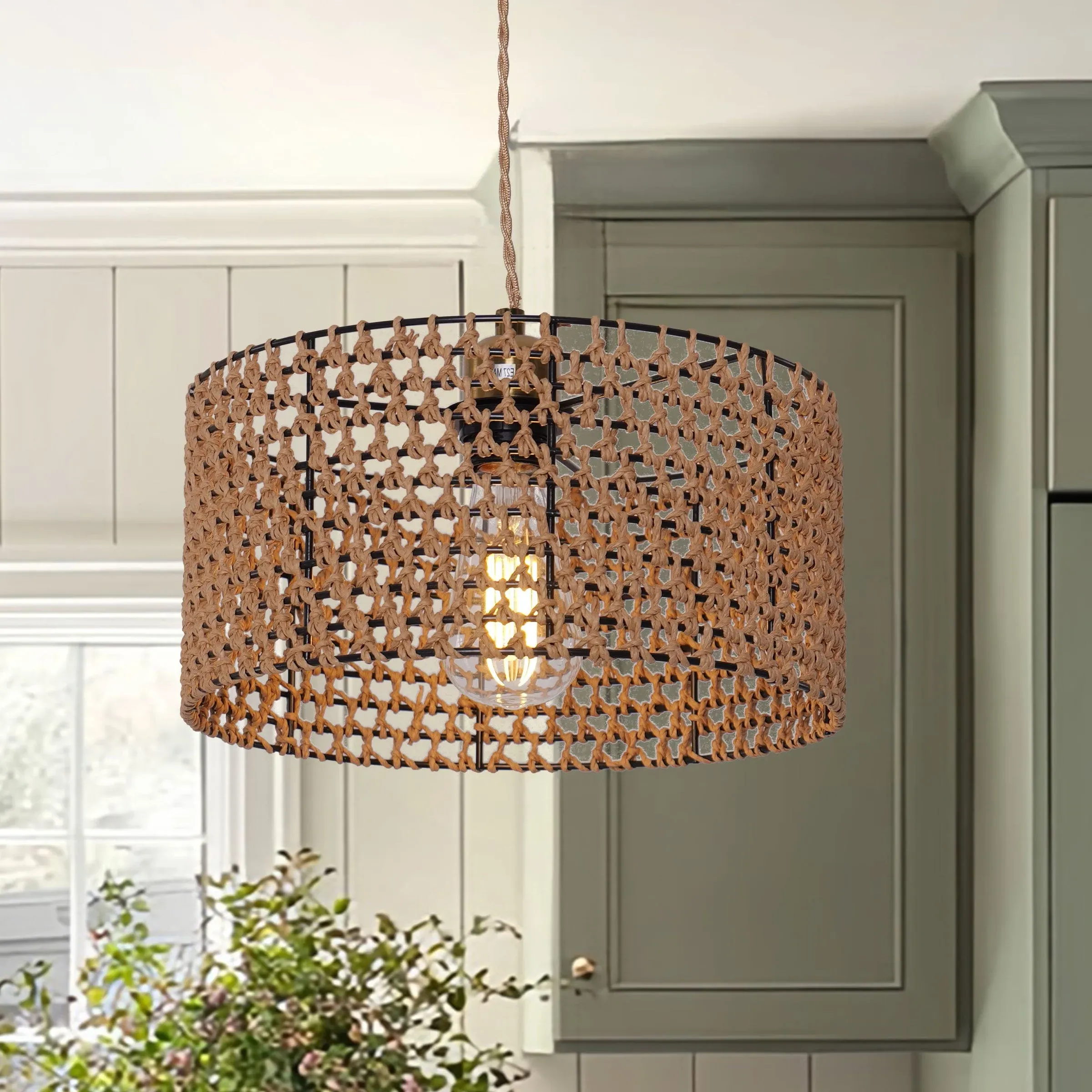 Round Pendant Light with Rope Shade - Brown, Paper
