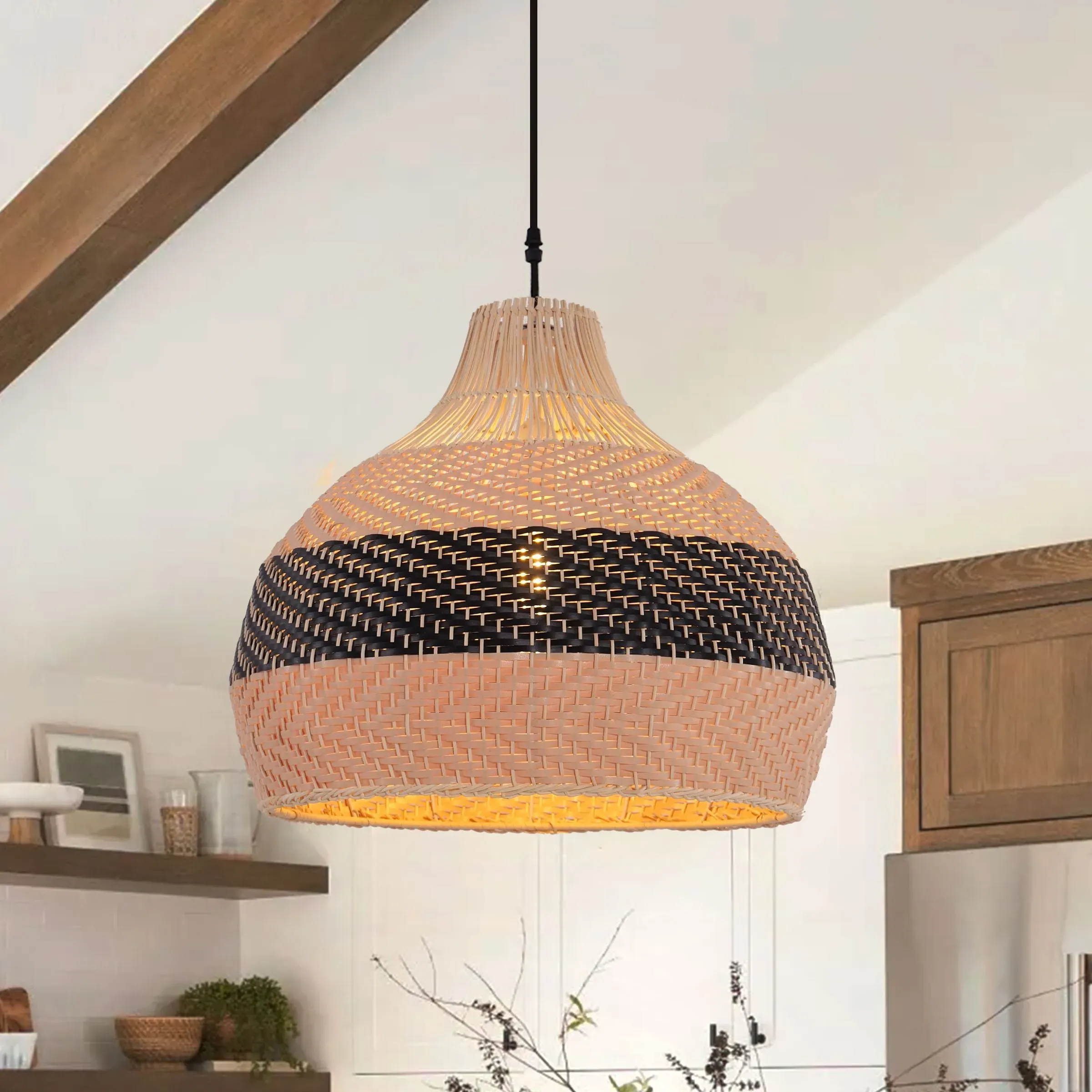 Round Pendant Light with Woven Shade - Natural, Rattan image