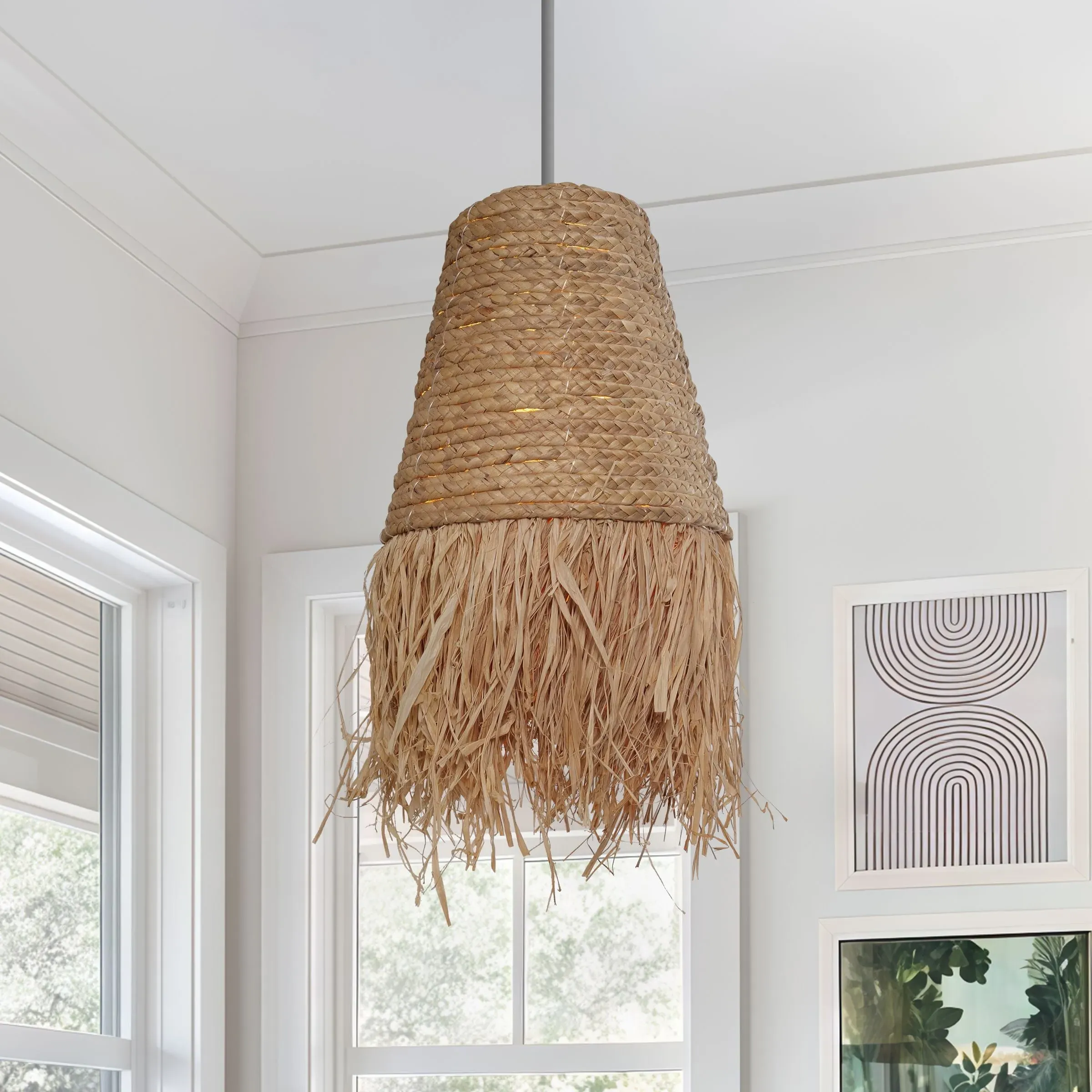 Round Pendant Light with Woven Shade - Natural image