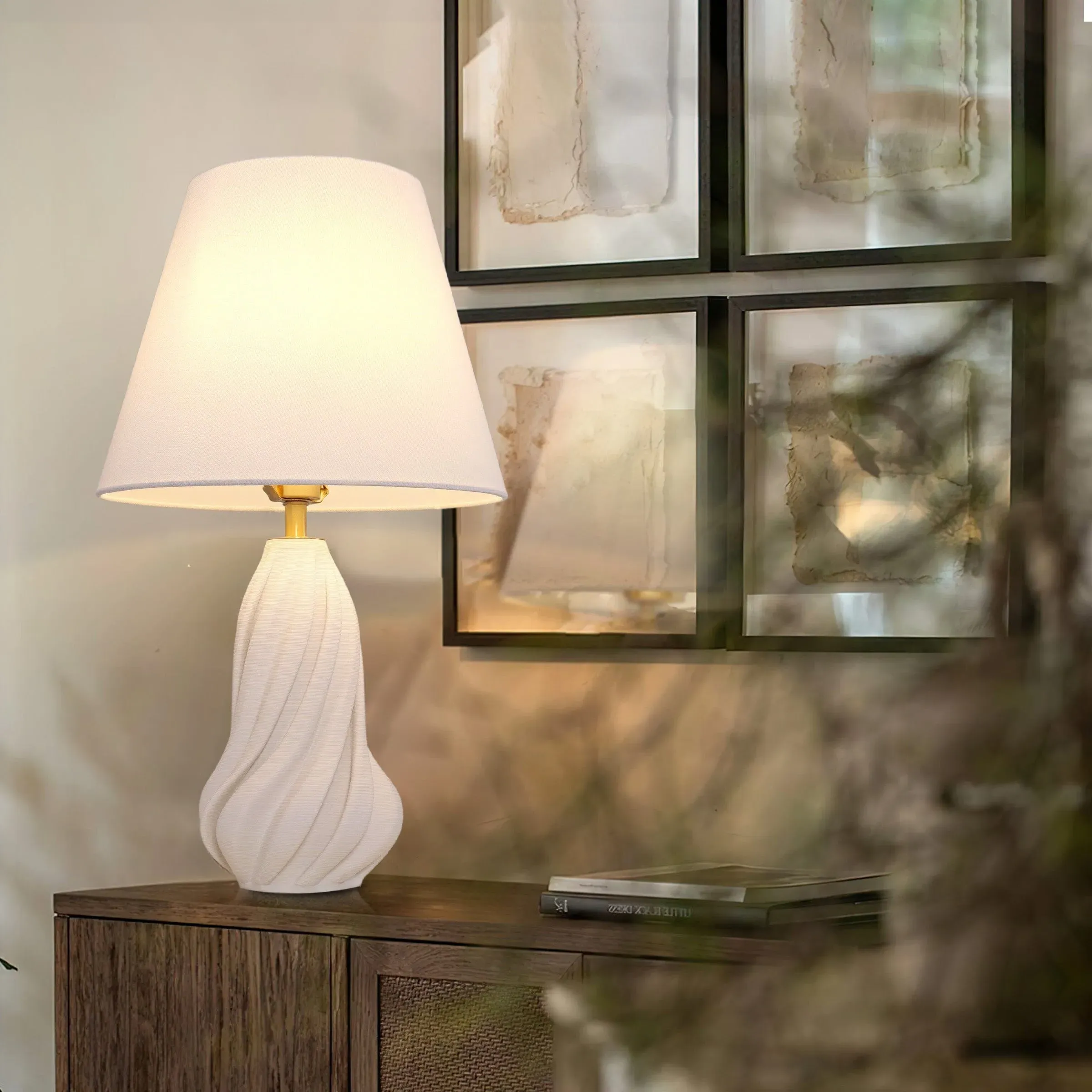 Spiral Table Lamp with Fabric Shade - White, Ceramic image