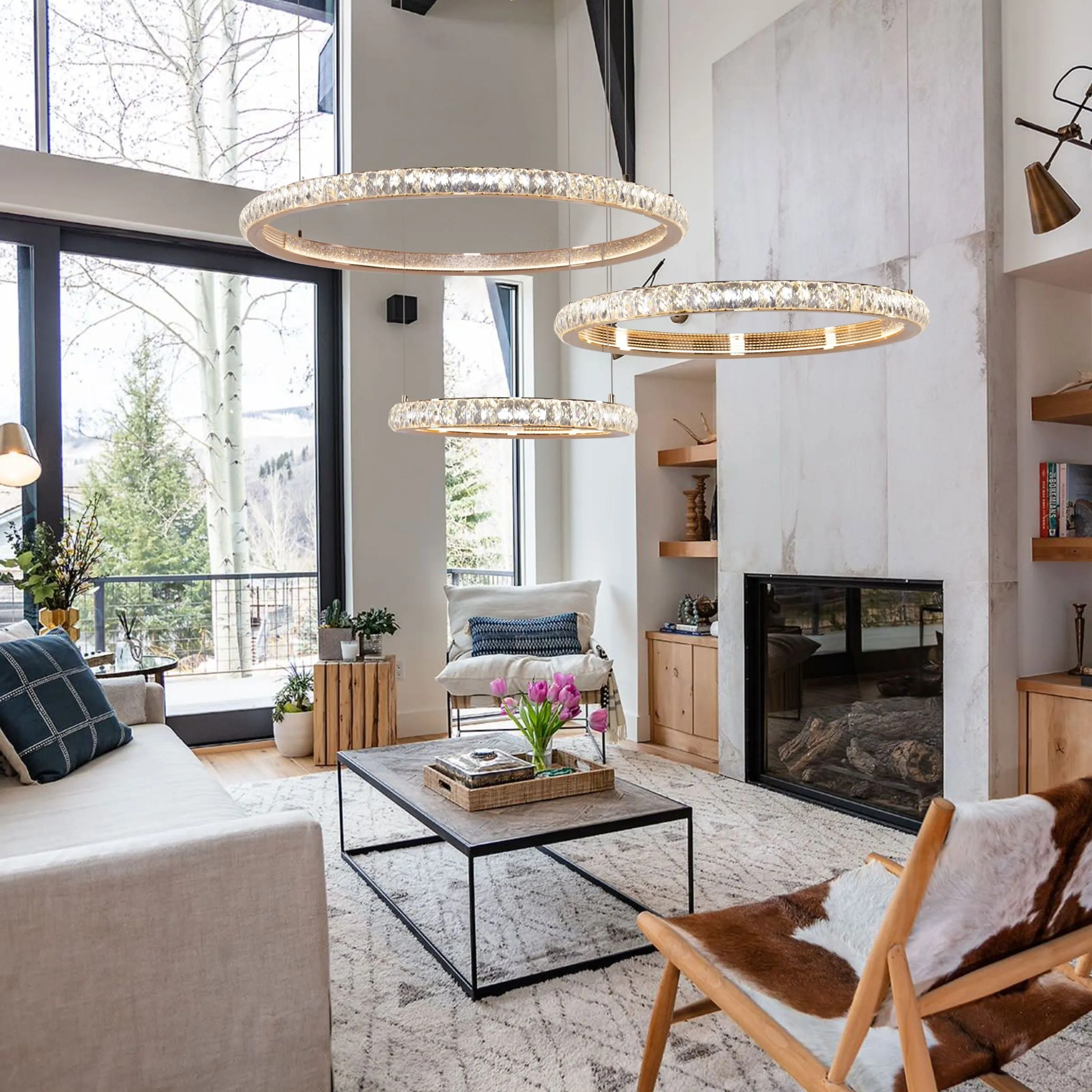 Triple-Ring Pendant Chandelier - Gold, Crystal image