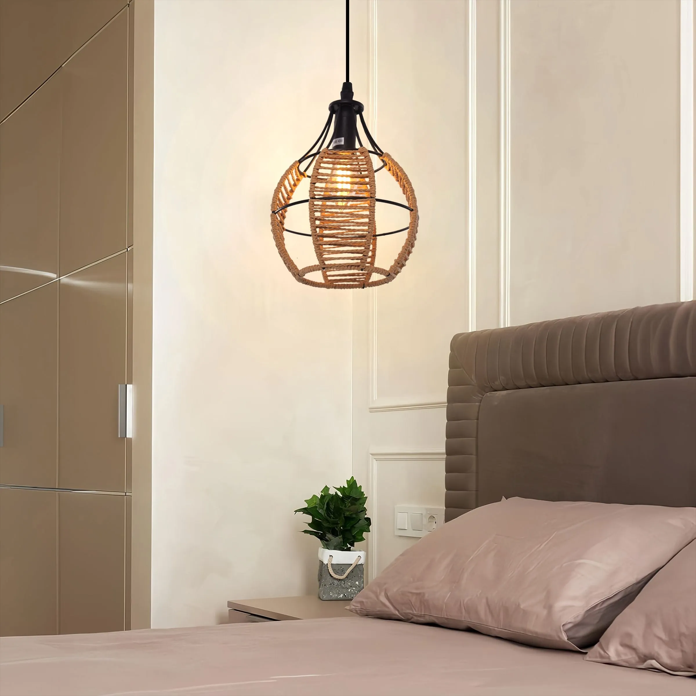 Woven Pendant Light with Adjustable Cord - Khaki image