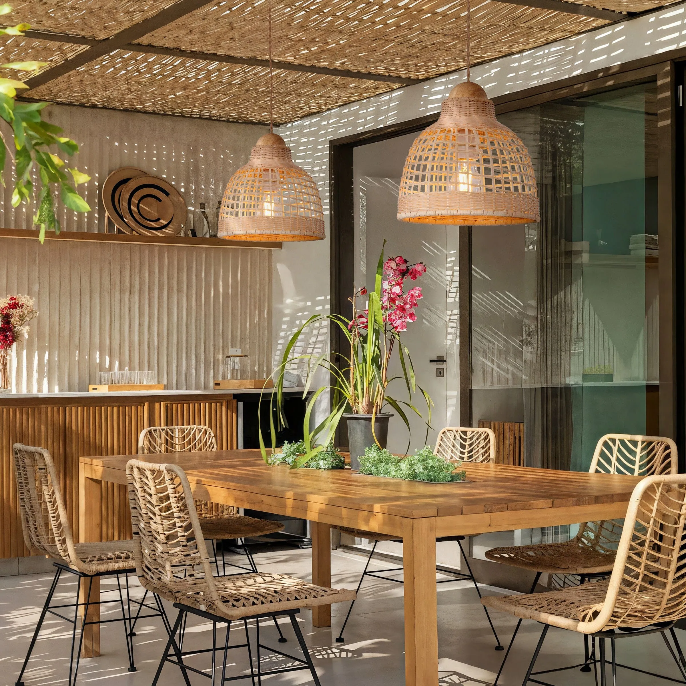 Woven Pendant Light with LED - Natural, Rattan