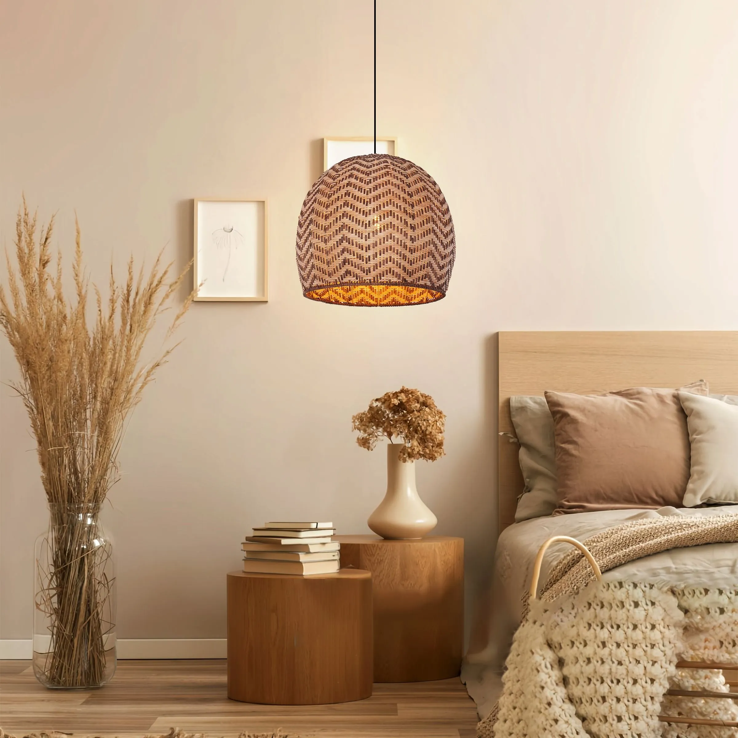 Woven Pendant Light with Wave Pattern - Natural, Rattan