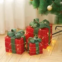 3-Piece Gift Box Set with LED Lights - Green, Linen