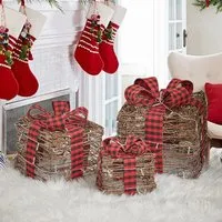 3-Piece Pre-lit Gift Box Set - Natural, Wicker