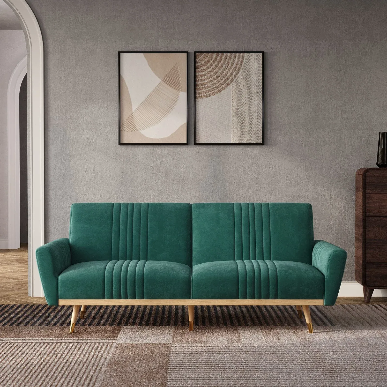 3-Seater Sofa Bed with Click Clack - Green, Velvet image