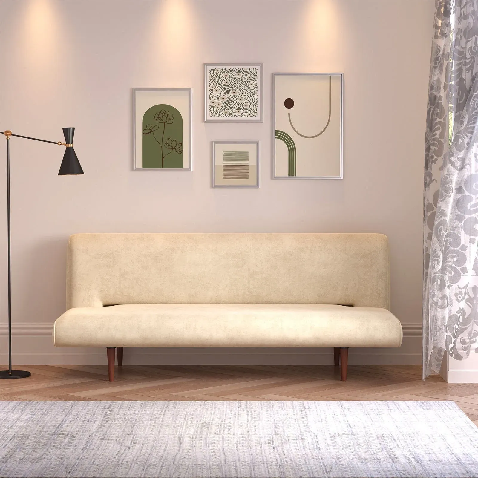 3-Seater Sofa Bed with Wood Legs - Khaki, Faux Suede