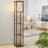 3-Tier Floor Lamp with Shelves - Brown, Wood