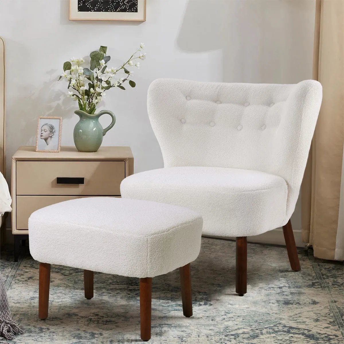 Accent Chair with Footstool - White, Boucle image