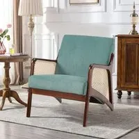 Armchair with Rattan Armrest - Green, Corduroy