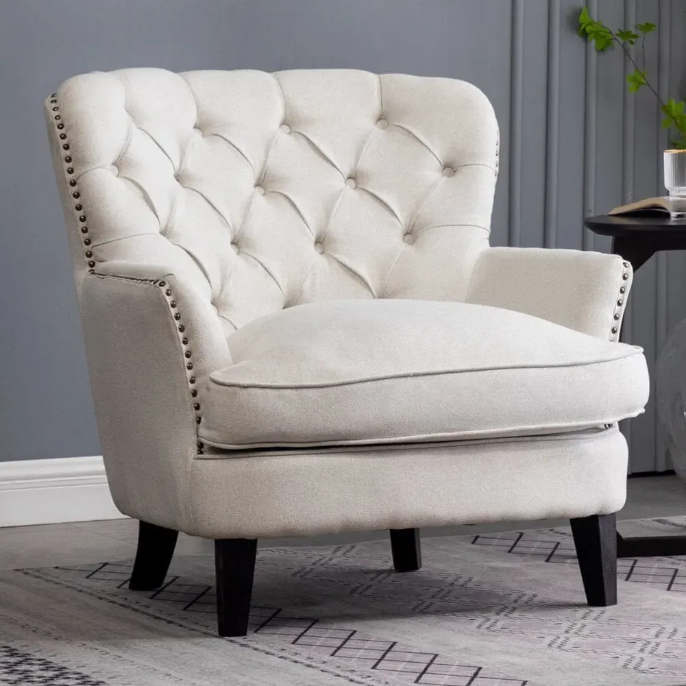 Club Chair with Button Tufting - Beige, Linen image