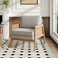 Cushioned Armchair with Rattan - Light Grey, Wood