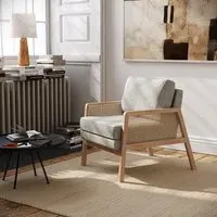 Cushioned Armchair with Rattan - Light Grey, Wood