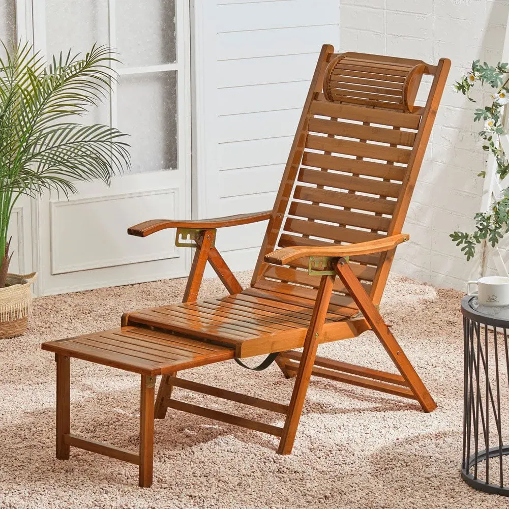 Foldable Recliner Chair with Footrest - Brown, Bamboo image