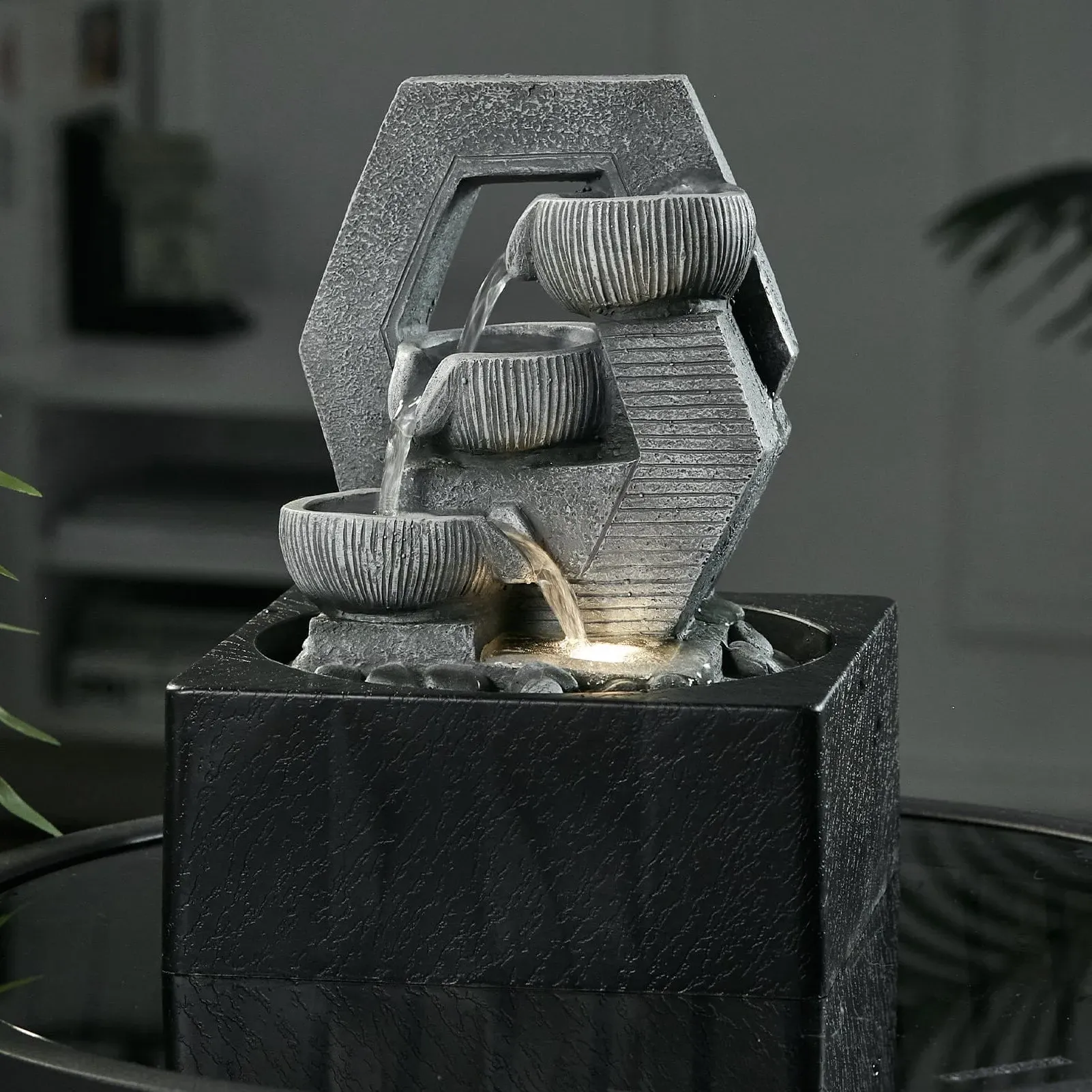 LED Tabletop Fountain with Waterfall - Grey, Resin image