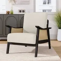 Mid-Century Armchair with Rattan - White, Wood