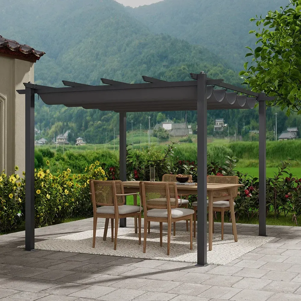 Retractable Pergola with Canopy - Black, Aluminum