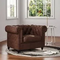 Rolled Arm Chair with Button Tufting - Brown, Faux Leather
