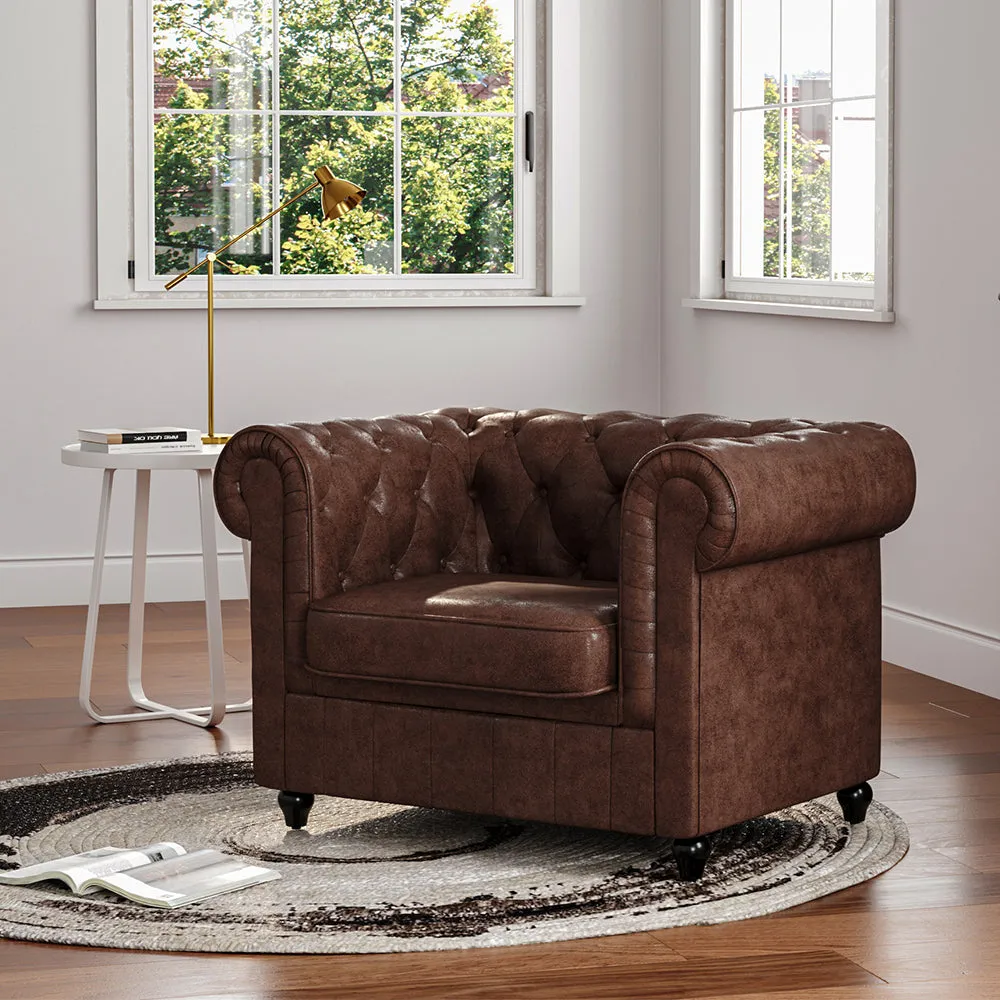 Rolled Arm Chair with Button Tufting - Brown, Faux Leather image