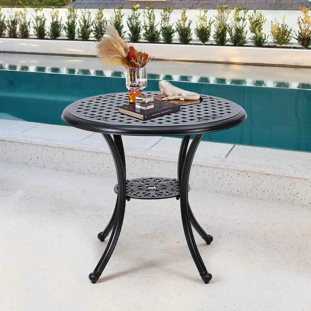 Round Dining Table with Umbrella Hole - Black, Cast Aluminum image
