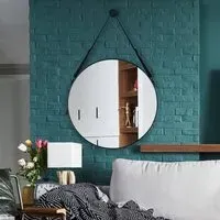 Round Hanging Mirror with Strap - Black, Leather