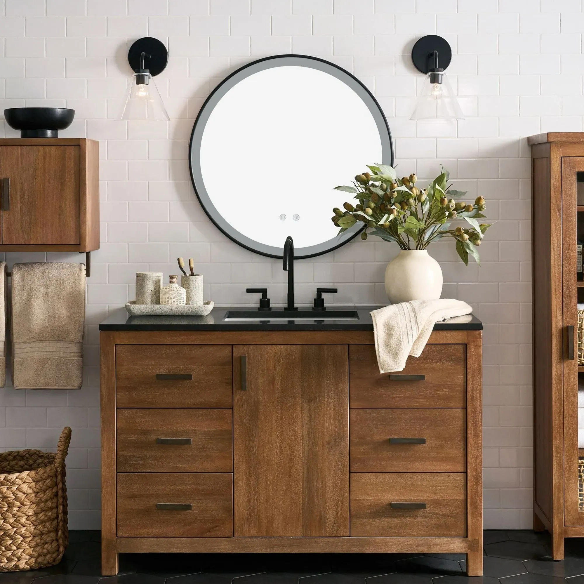 Round LED Mirror with Hanging Strap - Black