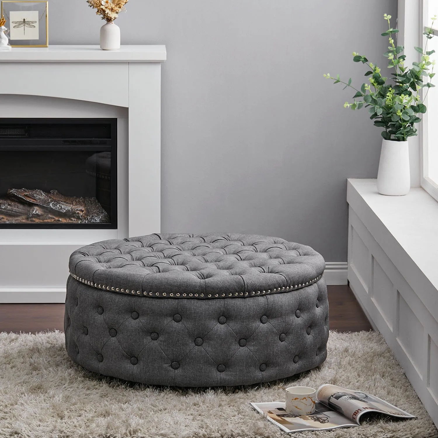 Round Tufted Ottoman - Linen
