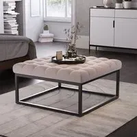 Square Footstool with Button Tufting - Linen