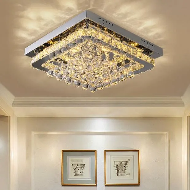 Square LED Ceiling Light with Crystals - Chrome