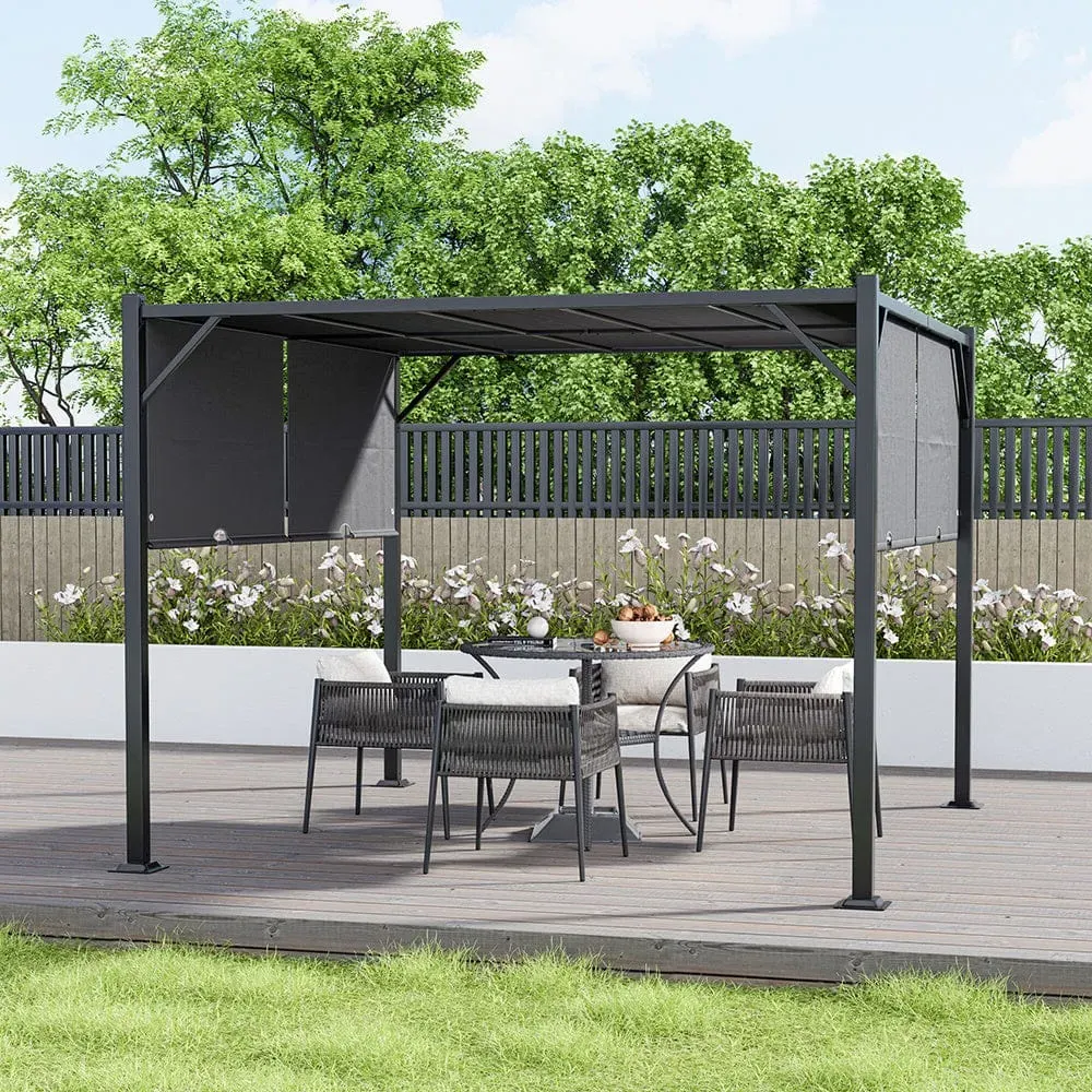 Steel Pergola with Retractable Canopy - Dark Grey
