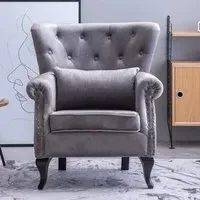 Tufted Wingback Chair with Pillow - Grey, Velvet