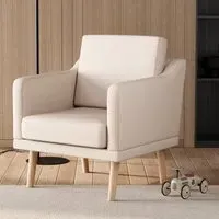 Upholstered Armchair with Wooden Legs - Beige, Linen