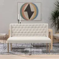 Upholstered Bench with Tufted Back - Beige, Linen