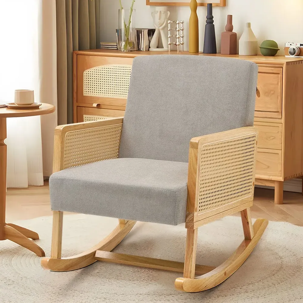 Wooden Rocking Chair with Cushion - Grey, Linen image
