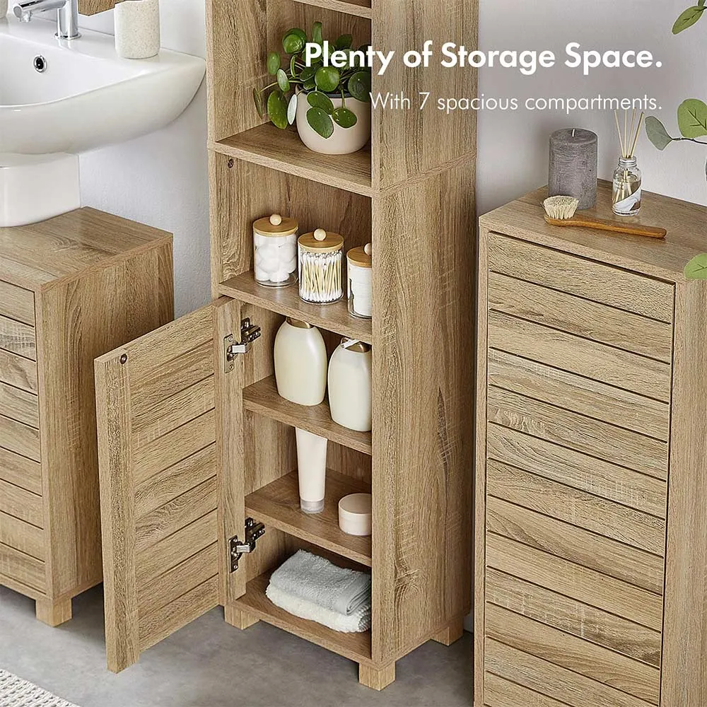 Chester Tall Bathroom Cabinet with Slatted Design - Oak Wood Effect alternate view