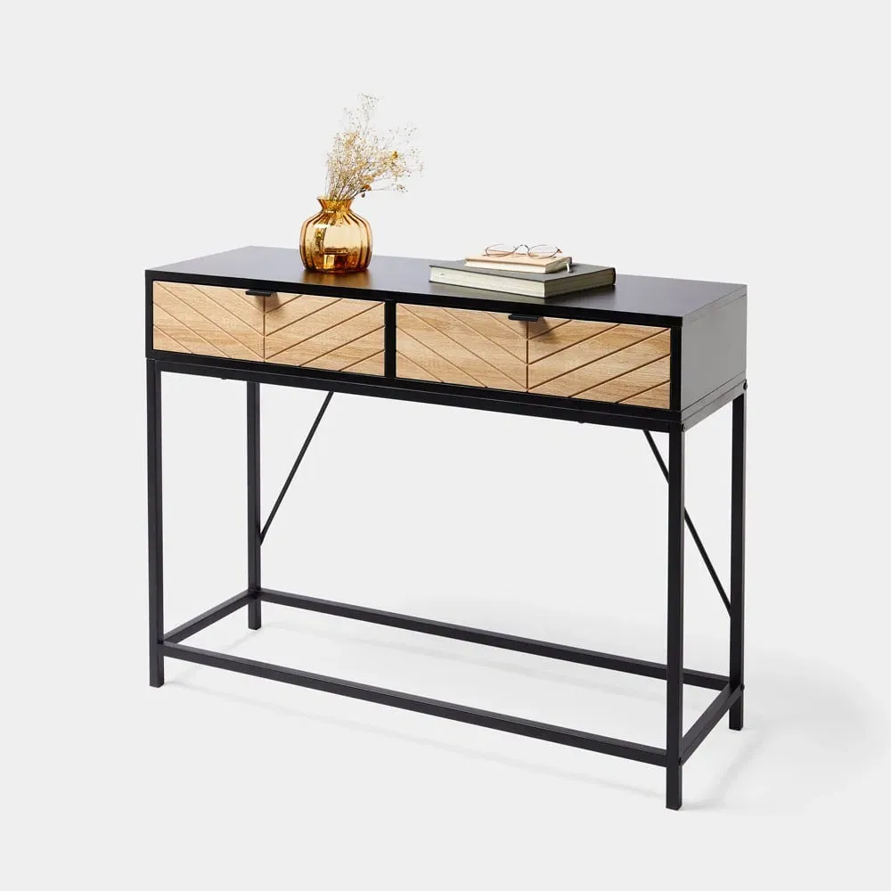 Dalton Console Table with Drawers - Wood Effect, Black Metal product
