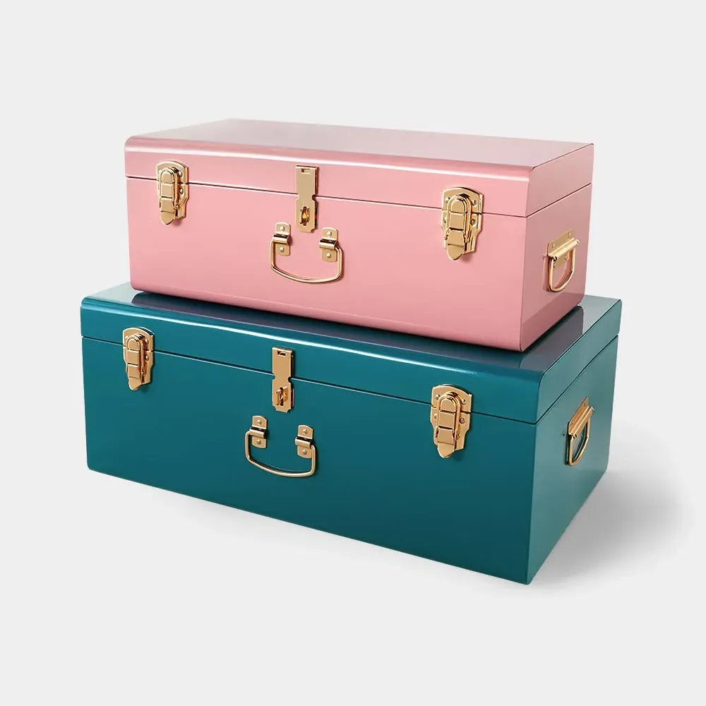 Set of 2 Metal Storage Trunks - Teal & Pink product