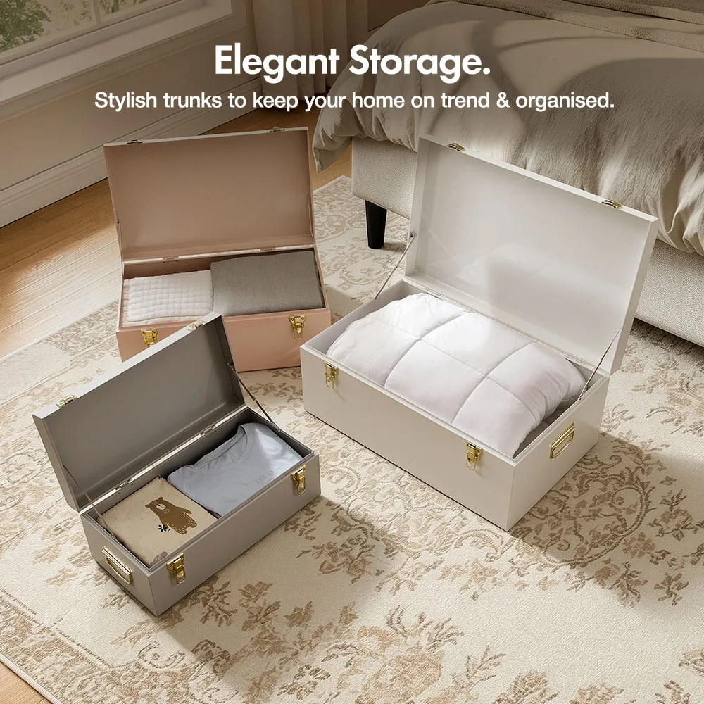 Set of 3 Metal Storage Trunks - Grey, Blush, White alternate view