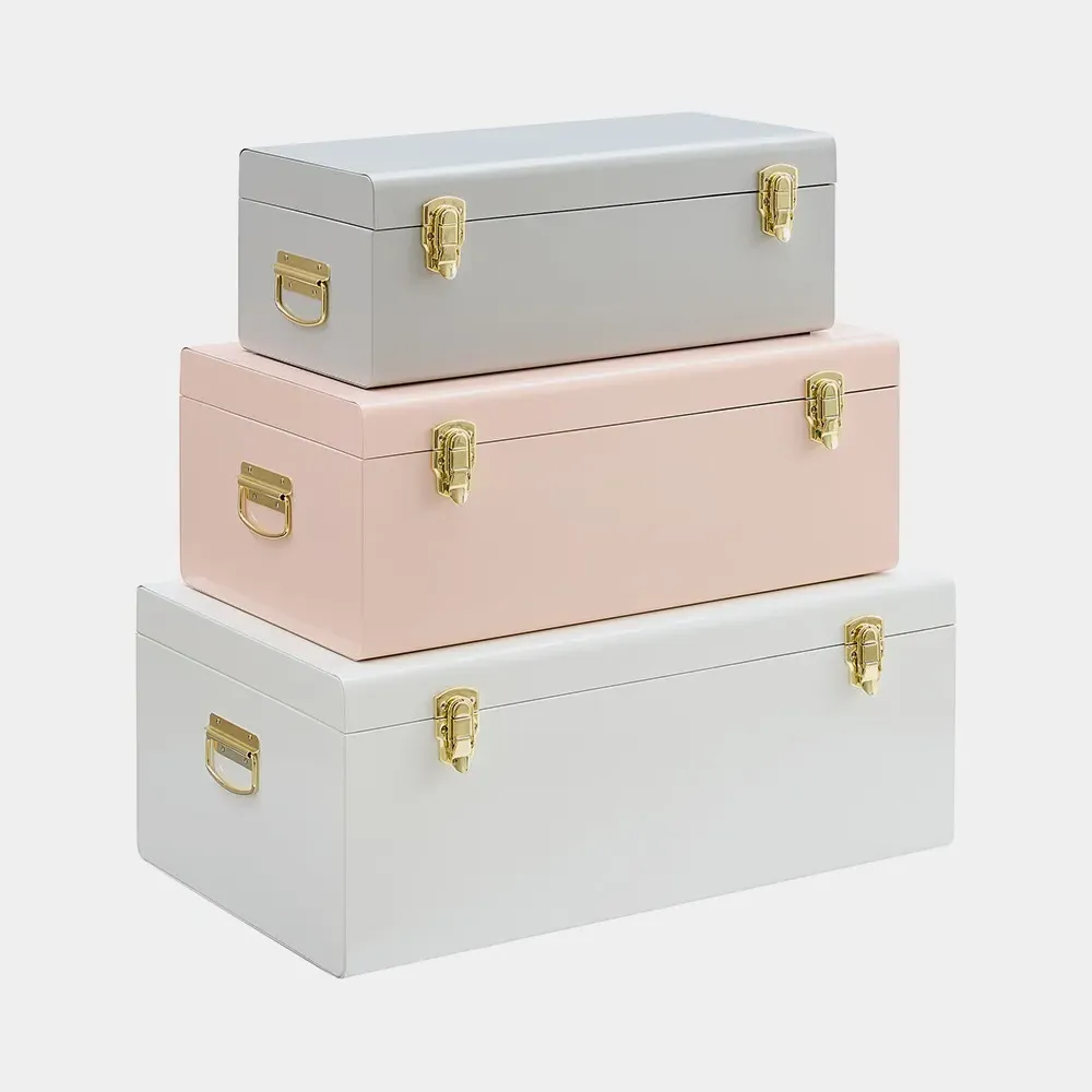 Set of 3 Metal Storage Trunks - Grey, Blush, White product