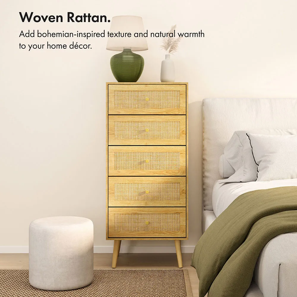 Sienna Rattan 5-Drawer Tall Chest of Drawers - Gold Handles alternate view